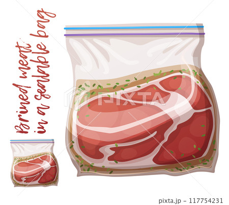 Brined meat in a sealable bag for barbecue icon. Cartoon vector illustration isolated on white background 117754231