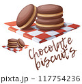 Chocolate peanut butter shortbread sandwiches illustration. Cartoon vector food icon isolated on white background 117754236