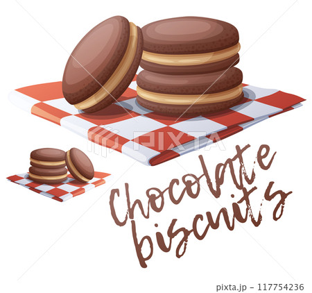 Chocolate peanut butter shortbread sandwiches illustration. Cartoon vector food icon isolated on white background 117754236