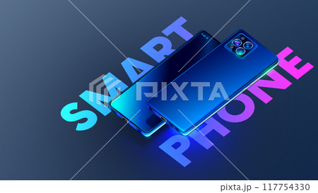 The smartphone is hanging over the table with the camera facing up. Smartphone rotated or turned by camera. Smartphone camera close-up view. Mobile cell. Shiny modern phone in neon lights background. The smartphone is hanging over the table with the camera facing up. Smartphone rotated or turned by camera. Smartphone camera close-up view. Mobile cell. Shiny modern phone in neon lights background. 117754330