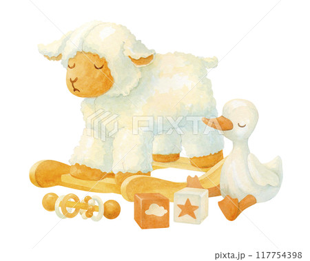 Sleeping plush and wooden toys. Isolated watercolor composition of rocking lamb, soft duckling or gosling, rattle and textile cube for baby shower invitation or fabric pattern. Hand drawn baby clipart Sleeping plush and wooden toys. Isolated watercolor composition of rocking lamb, soft duckling or gosling, rattle and textile cube for baby shower invitation or fabric pattern. Hand drawn baby clipart 117754398