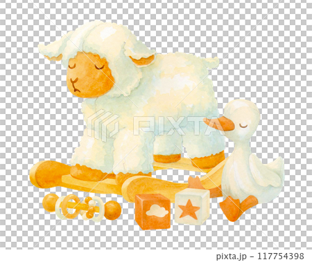 Sleeping plush and wooden toys. Isolated watercolor composition of rocking lamb, soft duckling or gosling, rattle and textile cube for baby shower invitation or fabric pattern. Hand drawn baby clipart Sleeping plush and wooden toys. Isolated watercolor composition of rocking lamb, soft duckling or gosling, rattle and textile cube for baby shower invitation or fabric pattern. Hand drawn baby clipart 117754398