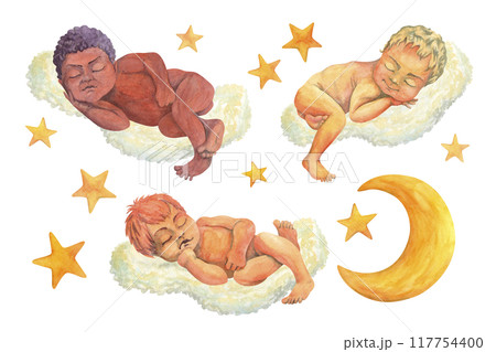 Watercolor illustration set of cute naked sleeping babies of different races and skin colors with stars and moon. Isolated hand drawn infants for nursery, bedroom design, patterns or pajama prints 117754400
