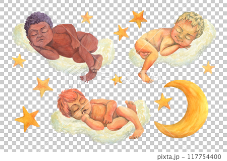 Watercolor illustration set of cute naked sleeping babies of different races and skin colors with stars and moon. Isolated hand drawn infants for nursery, bedroom design, patterns or pajama prints 117754400