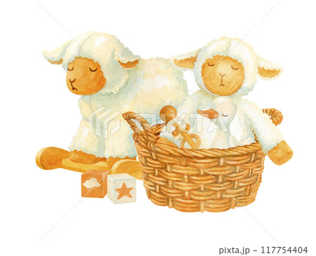 Element of nursery interior. Watercolor composition of rocking lamb and wicker basket with plush toys: baby sheep and gosling. Isolated hand drawn illustration for baby shower, kids prints and designs 117754404