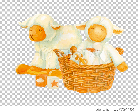 Element of nursery interior. Watercolor composition of rocking lamb and wicker basket with plush toys: baby sheep and gosling. Isolated hand drawn illustration for baby shower, kids prints and designs 117754404