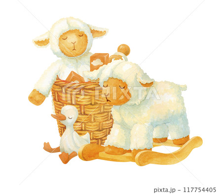 Watercolor composition of plush and wooden toys in wicker basket with rocking sheep and soft duckling or gosling beside. Isolated hand drawn illustration for baby shower invitation or fabric pattern Watercolor composition of plush and wooden toys in wicker basket with rocking sheep and soft duckling or gosling beside. Isolated hand drawn illustration for baby shower invitation or fabric pattern 117754405