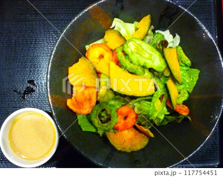 カラフルな野菜チップサラダとドレッシング 117754451