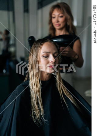 Vertical shot of female hairstylist drying and straightening long blonde customer hair with comb and hairdryer in beauty salon. Pretty young woman lady client getting stylish hairdo done at salon. 117755489