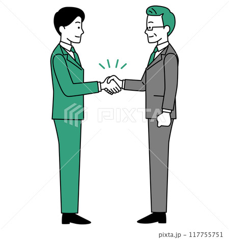 握手をするスーツの若い男性と中年の男性(全身) 握手をするスーツの若い男性と中年の男性(全身) 117755751
