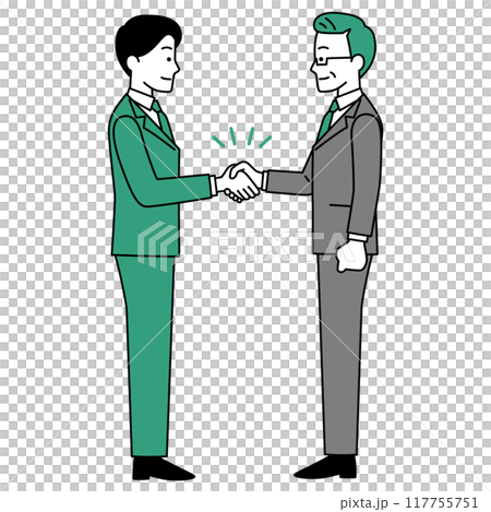 握手をするスーツの若い男性と中年の男性(全身) 握手をするスーツの若い男性と中年の男性(全身) 117755751