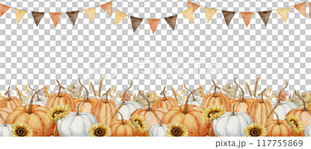 Pumpkin Banner watercolor illustration. Drawing of autumn frame with garlands and guards on isolated background for Harvest festival or Halloween greeting cards. Border with fall leaves with pennants. 117755869