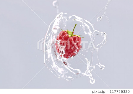 Raspberry falling in water splash mockup, depth of field Raspberry falling in water splash mockup, depth of field 117756320
