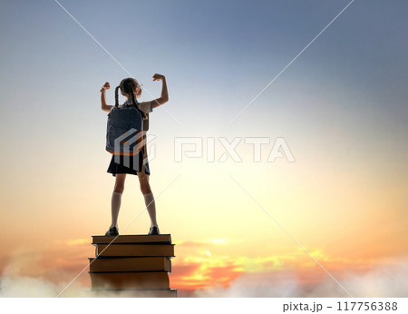child on the tower of books 117756388