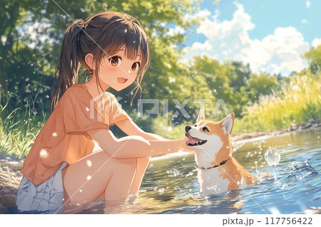 犬と遊ぶ女の子イラスト「AI生成画像」 117756422