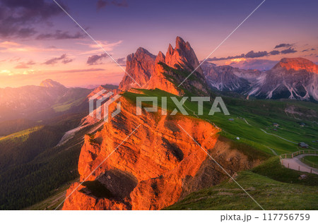 Seceda mountain at beautiful sunset in summer in Dolomites, Italy 117756759