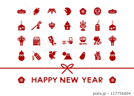 日本のお正月縁起物アイコンの年賀状イラスト（リボン） 117756804