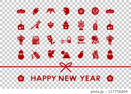 日本のお正月縁起物アイコンの年賀状イラスト（リボン） 117756804