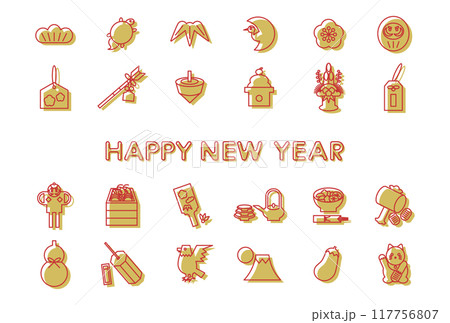 日本のお正月縁起物アイコンの年賀状イラスト（版ズレ） 117756807