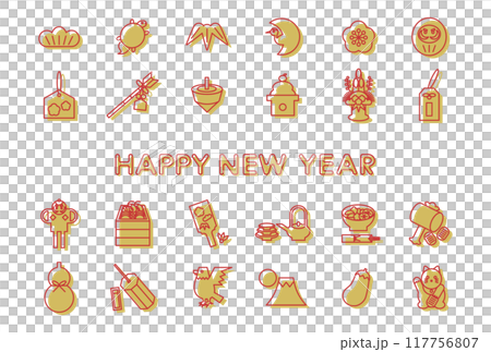 日本のお正月縁起物アイコンの年賀状イラスト（版ズレ） 117756807