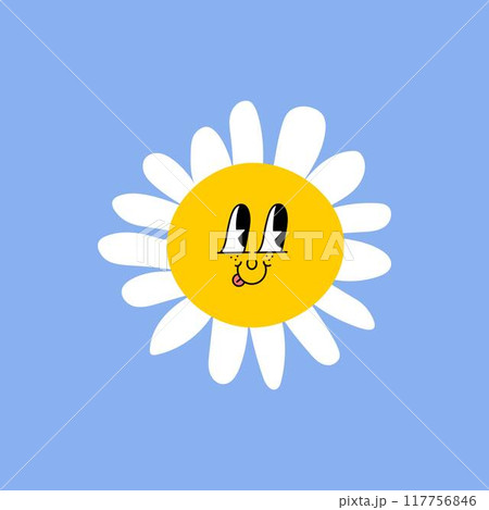 Daisy flower with cartoon funny smiling face, chamomile character. Cute camomile happy emotion. Kids logo design with daisies. Illustration of smile floral flower, bloom camomile Daisy flower with cartoon funny smiling face, chamomile character. Cute camomile happy emotion. Kids logo design with daisies. Illustration of smile floral flower, bloom camomile 117756846