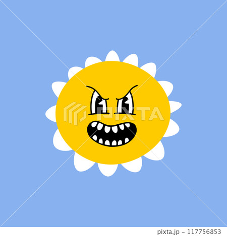 Daisy flower with cartoon funny smiling face, chamomile character. Cute camomile happy emotion. Kids logo design with daisies. Illustration of smile floral flower, bloom camomile Daisy flower with cartoon funny smiling face, chamomile character. Cute camomile happy emotion. Kids logo design with daisies. Illustration of smile floral flower, bloom camomile 117756853