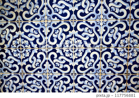 Azulejo - Traditional Tiles on Walls of Portuguese Buildings in Porto, Portugal. 117756881