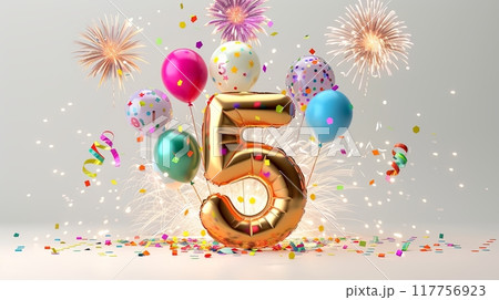 large gold balloon shaped like the number 5, surrounded by colorful balloons, confetti 117756923