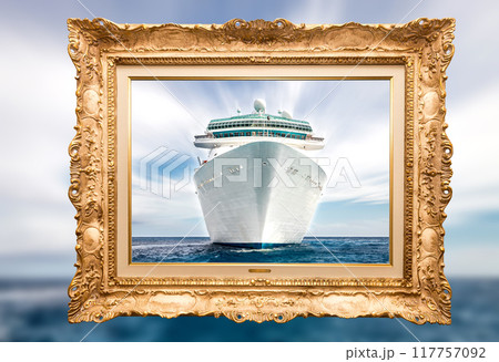 Cruise ship In the open sea in vitage golden frame Cruise ship In the open sea in vitage golden frame 117757092