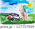 Watercolor drawing of a tank and sun 117757099