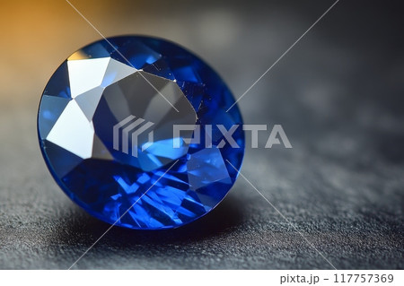 A close-up of a dazzling blue sapphire gemstone with multiple facets reflecting light, showcasing its depth and brilliance against a blurred background 117757369