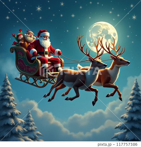 Illustration of Santa Claus in his sleigh pulled by reindeer, flying through a starry night sky with a full moon, snow-covered trees below 117757386