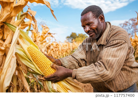 An African farmer in work clothes examines a ripe ear of corn in a sunny field, symbolizing agricultural productivity and food security in rural Africa 117757400
