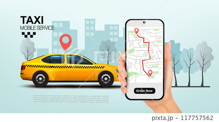 Taxi service concept. Yellow taxi car driving to the call place and hand holding smartphone with taxi service mobile app or ordering taxi online. 117757562