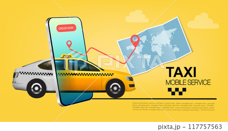 Taxi service concept. Yellow taxi car driving to the call place and hand holding smartphone with taxi service mobile app or ordering taxi online. 117757563