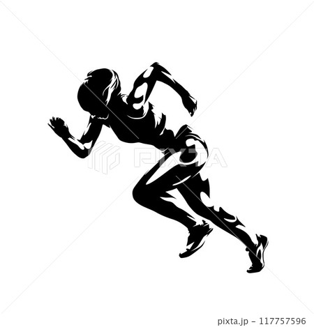 Run, running woman, female sprinter, isolated vector silhouette 117757596