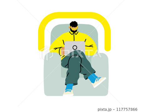 Creative workspace, modern flat vector concept illustration of a man working sitting on the armchair with a computer Remote work, flexibility, independence, efficiency, mobility, synergy, freedom 117757866