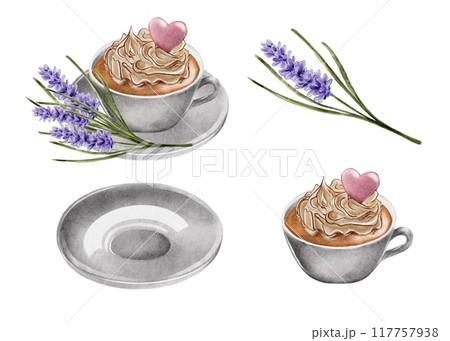 Cup of coffee with cream and pink heart Cup of coffee with cream and pink heart 117757938