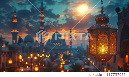 Ramadan Mubarak.Ramadan Kareem.At dusk, a lantern illuminates a mosque in a city skyline against a cloudy sky 117757983