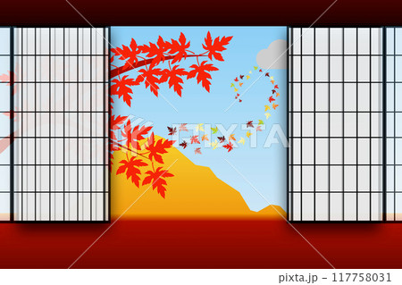 障子,ドア,戸,格子,開く,開ける,和,和室,和風,和,日本,落葉,紅葉,もみじ,葉,葉っぱ,樹木, 117758031