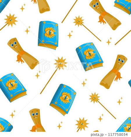 A magical seamless pattern depicting magical objects an ancient book A magical seamless pattern depicting magical objects an ancient book 117758034