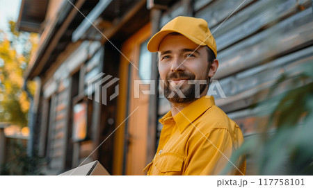 Smiling delivery man holding a package Smiling delivery man holding a package 117758101