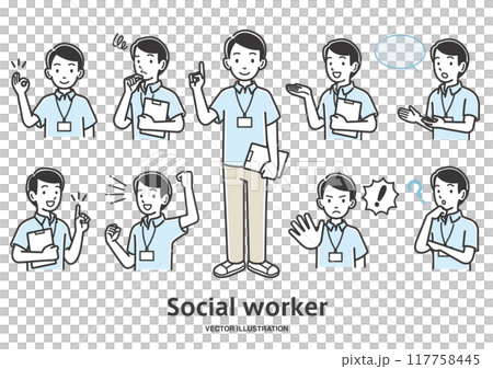 Illustration set of facial expressions and gestures of male social worker staff 117758445