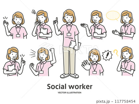 ソーシャルワーカーの女性スタッフの表情としぐさのイラストセット 117758454
