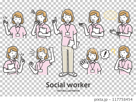 ソーシャルワーカーの女性スタッフの表情としぐさのイラストセット 117758454