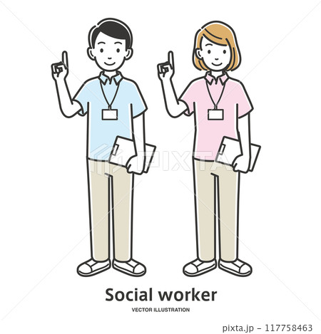 説明する介護士のソーシャルワーカー男女スタッフの全身イラスト 117758463