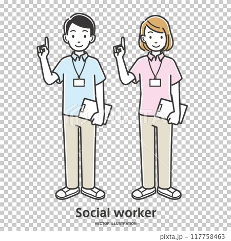 説明する介護士のソーシャルワーカー男女スタッフの全身イラスト 117758463