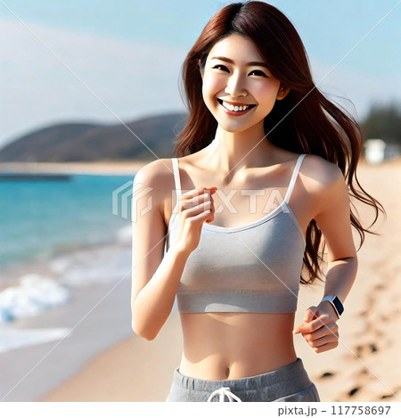 ビーチでジョギングを楽しんでいる女性を生成で描きました 117758697
