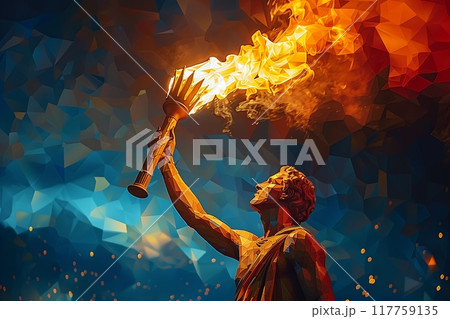Man holds torch with Olympic fire in his hand. Abstract illustration of Olympic Games opening ceremony Man holds torch with Olympic fire in his hand. Abstract illustration of Olympic Games opening ceremony 117759135