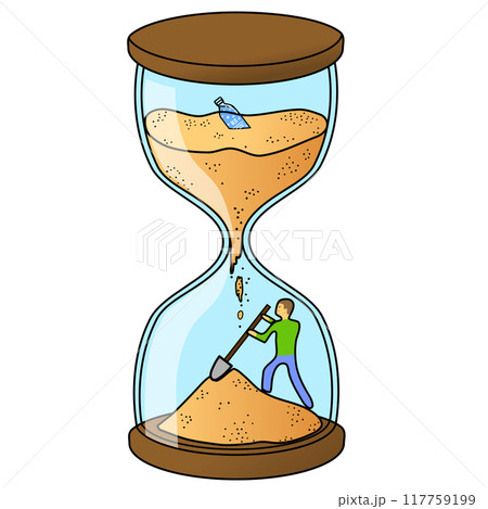An hourglass with a person inside. A person in a confined space digs sand with a shovel. Vector illustration Man trying to get water out of the sand falling from above in an hourglass 117759199